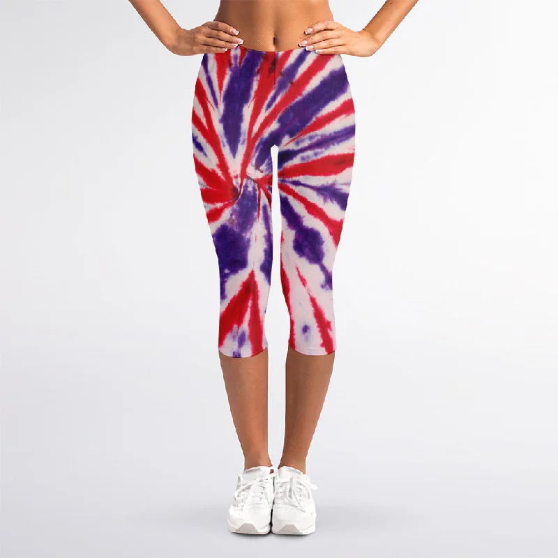 Purple And Red Spider Tie Dye Print Women's Capri Leggings Stylish Faux Leather Leggings