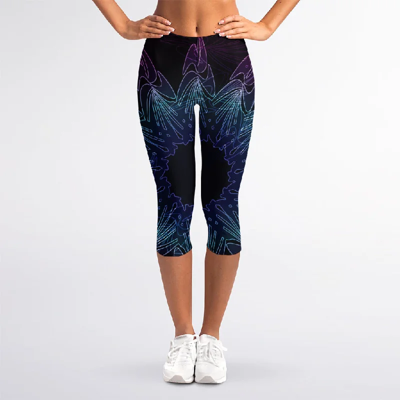 Purple And Teal Dark Mandala Print Women's Capri Leggings Elegant Metallic Leggings