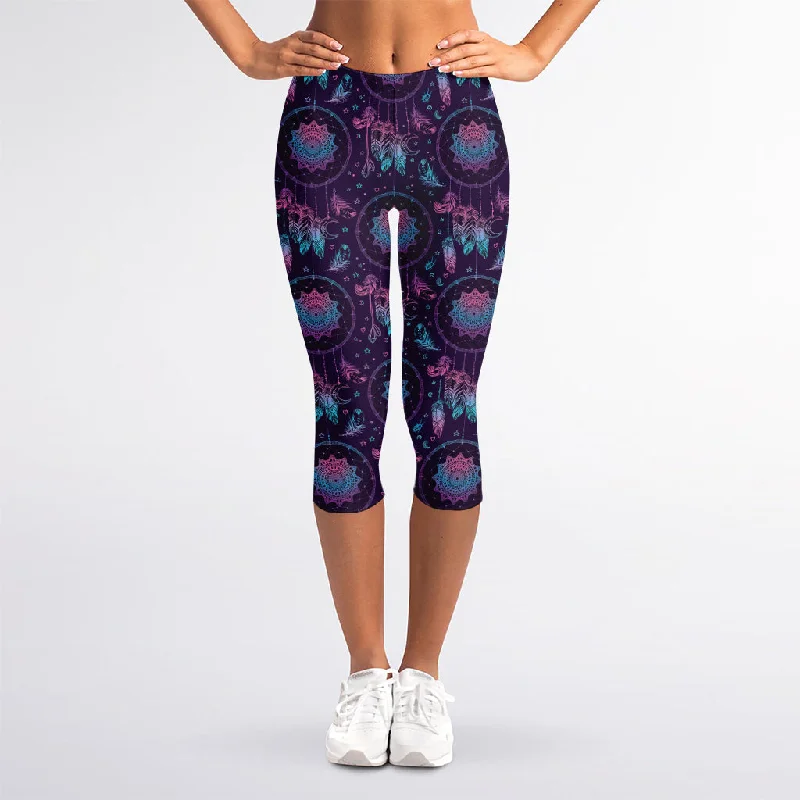 Purple And Teal Dream Catcher Print Women's Capri Leggings Cozy Sweat-Wicking Leggings Purple And Teal Dream Catcher Print Women's Capri Leggings Cozy Sweat-Wicking Leggings