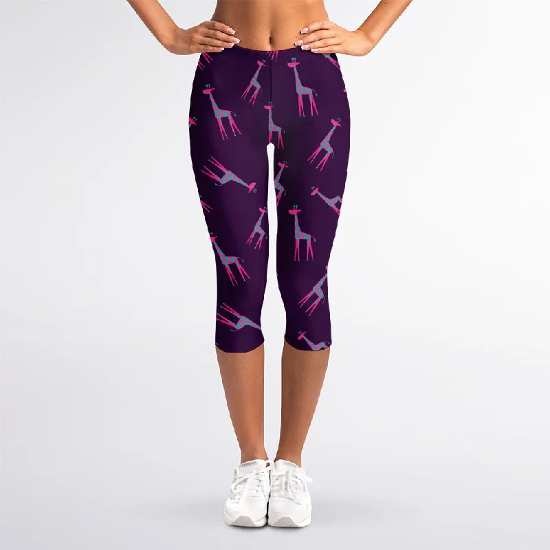 Purple And Teal Giraffe Pattern Print Women's Capri Leggings Stylish Patterned Active Leggings Purple And Teal Giraffe Pattern Print Women's Capri Leggings Stylish Patterned Active Leggings