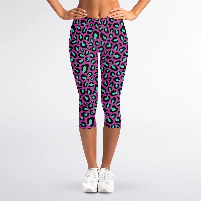 Purple And Teal Leopard Pattern Print Women's Capri Leggings Comfortable Lounge Leggings Purple And Teal Leopard Pattern Print Women's Capri Leggings Comfortable Lounge Leggings