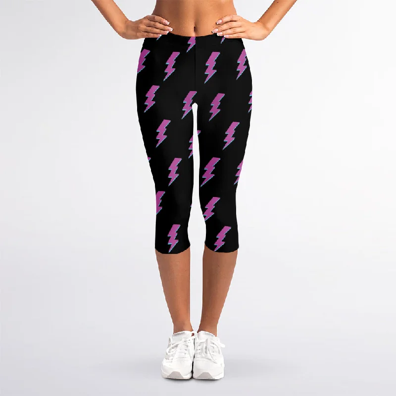 Purple And Teal Lightning Pattern Print Women's Capri Leggings Trendy Sports Performance Leggings Purple And Teal Lightning Pattern Print Women's Capri Leggings Trendy Sports Performance Leggings