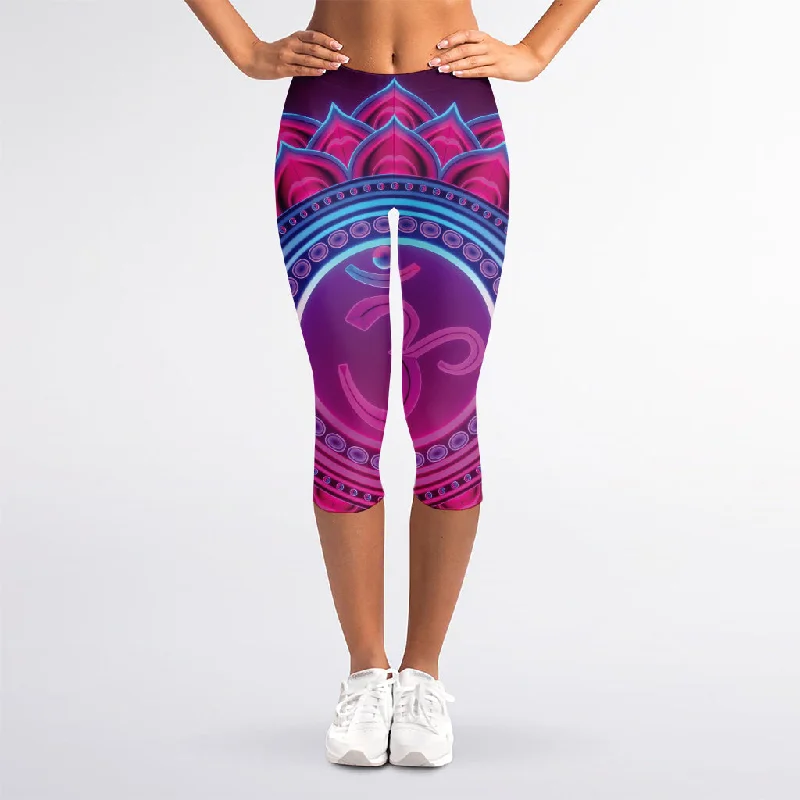 Purple And Teal Om Mandala Print Women's Capri Leggings Comfortable Workout Fitness Leggings Purple And Teal Om Mandala Print Women's Capri Leggings Comfortable Workout Fitness Leggings