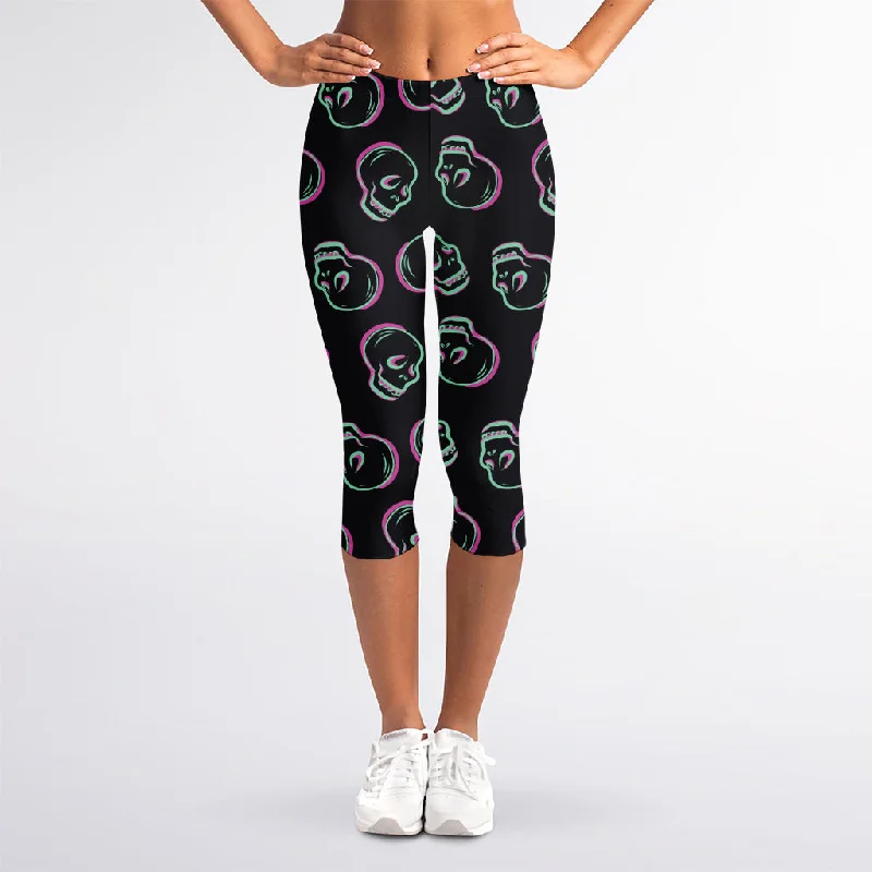 Purple And Teal Skull Pattern Print Women's Capri Leggings Trendy Mesh Leggings