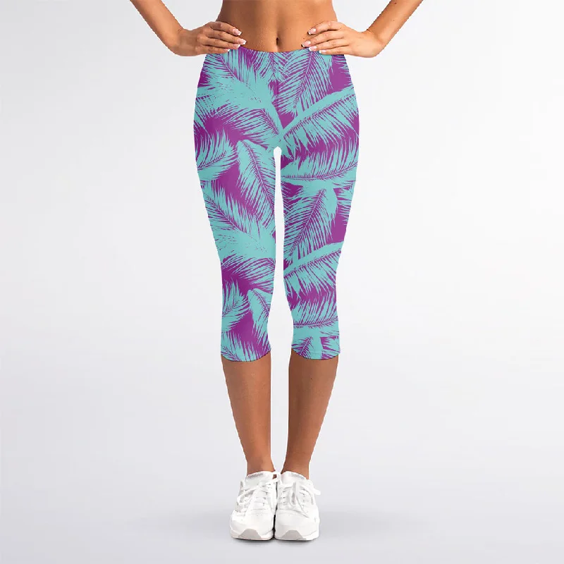 Purple And Teal Tropical Leaf Print Women's Capri Leggings Cozy Ribbed Leggings
