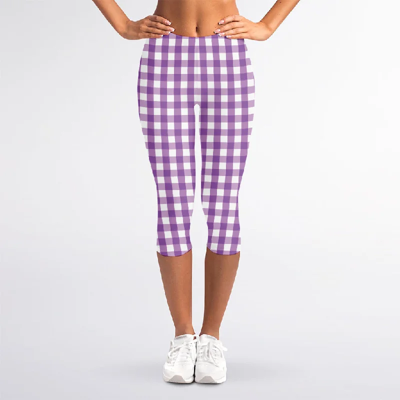 Purple And White Check Pattern Print Women's Capri Leggings Stylish Printed Stretch Leggings Purple And White Check Pattern Print Women's Capri Leggings Stylish Printed Stretch Leggings