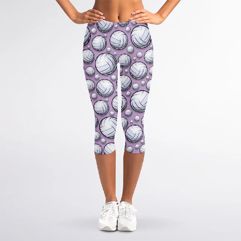 Purple And White Volleyball Print Women's Capri Leggings Trendy Activewear Leggings