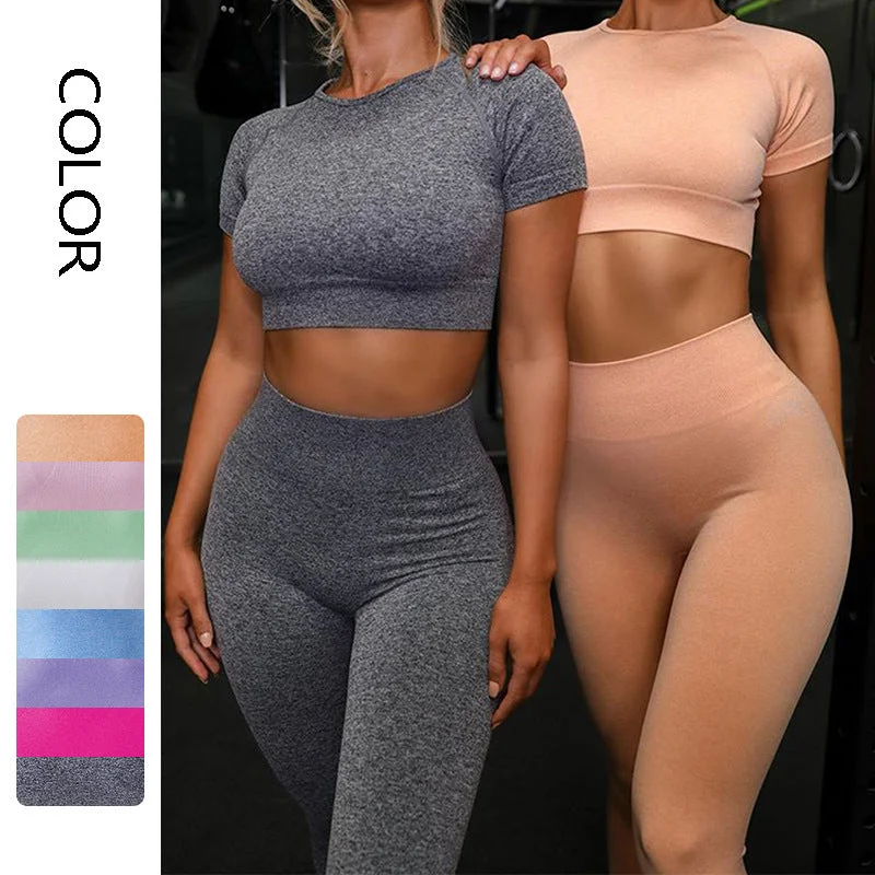 Seamless Yoga Sport Set Fitness Women Running Leggings Short Sleeve Tops Classic Solid Color Leggings Seamless Yoga Sport Set Fitness Women Running Leggings Short Sleeve Tops Classic Solid Color Leggings