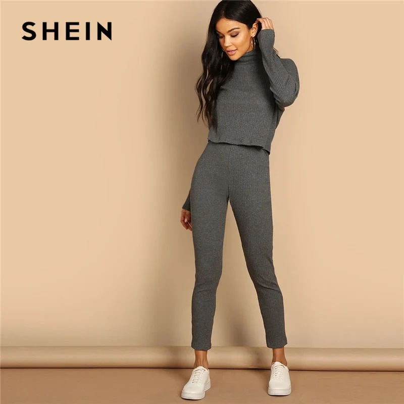 SHEIN Grey Turtleneck Rib-knit Drop Shoulder Crop Top and Leggings Two Piece Sets Women Spring Casual Streetwear Two Piece Set Cozy Cotton Leggings