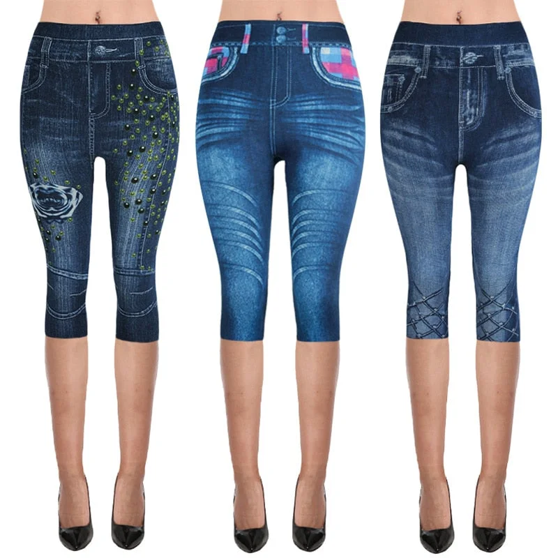 Womens Denim Look Capri Leggings/Jeggings Comfortable Slip-On Leggings