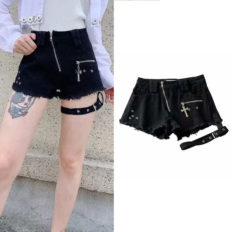 Zipper Design Denim Shorts Women High Waist Leggings Fashionable Solid Color Tights