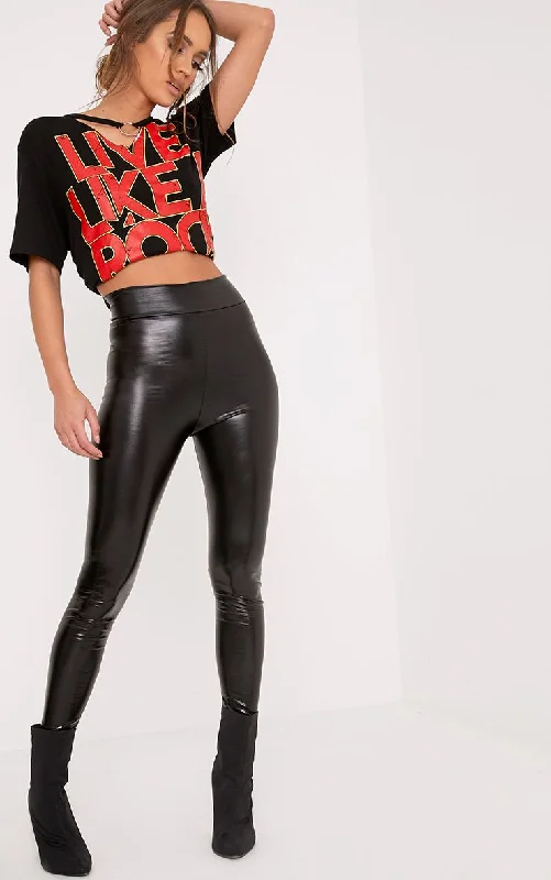 PrettyLittleThing Womens Tiana Black Wet Look Leggings Comfortable Leggings with Pockets
