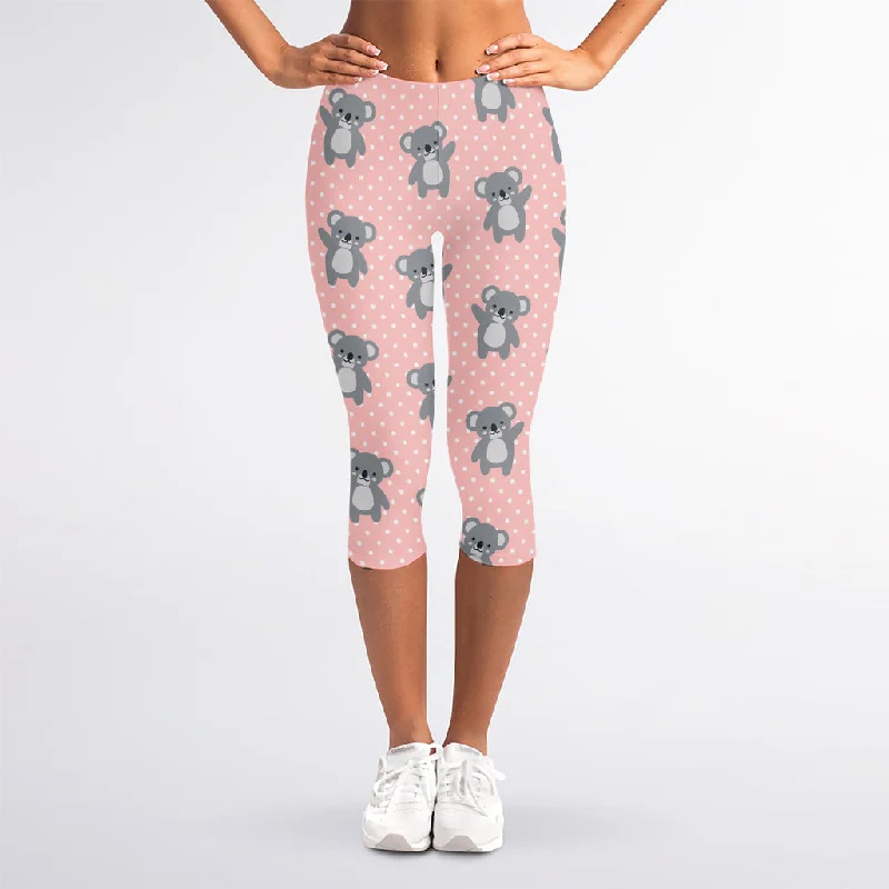 Polka Dot Koala Pattern Print Women's Capri Leggings Elegant Sheer Leggings