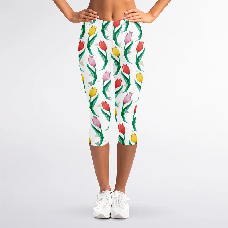 Polygon Tulip Pattern Print Women's Capri Leggings Fashionable Solid Color Tights
