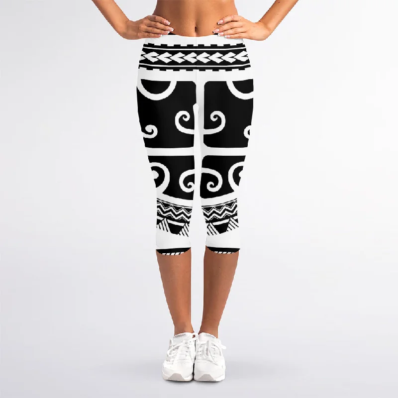Polynesian Tribal Tattoo Pattern Print Women's Capri Leggings Stylish Everyday Leggings Polynesian Tribal Tattoo Pattern Print Women's Capri Leggings Stylish Everyday Leggings