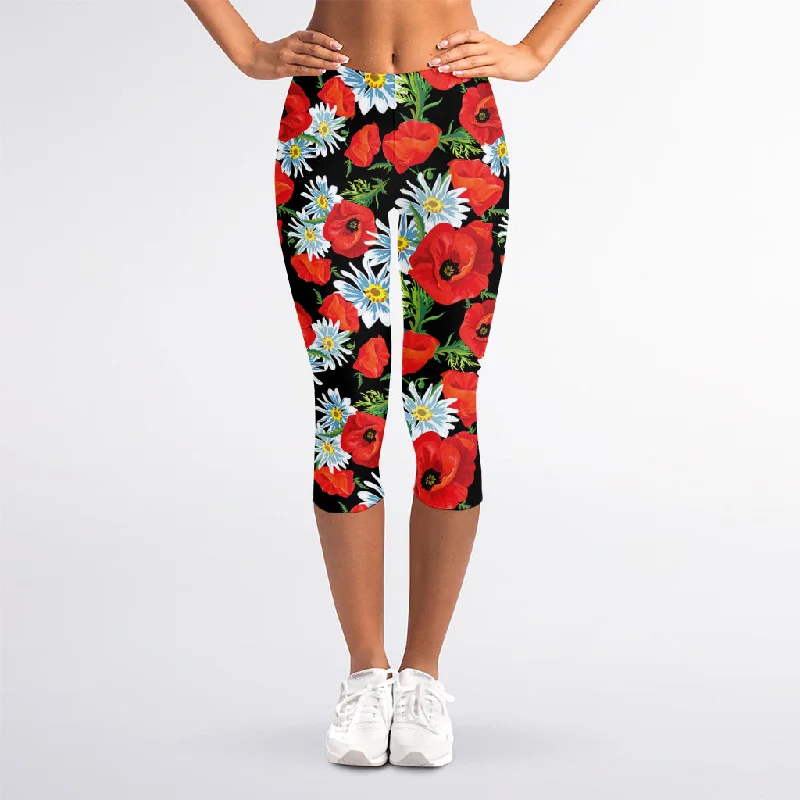 Poppy And Chamomile Pattern Print Women's Capri Leggings Trendy Fitness Leggings