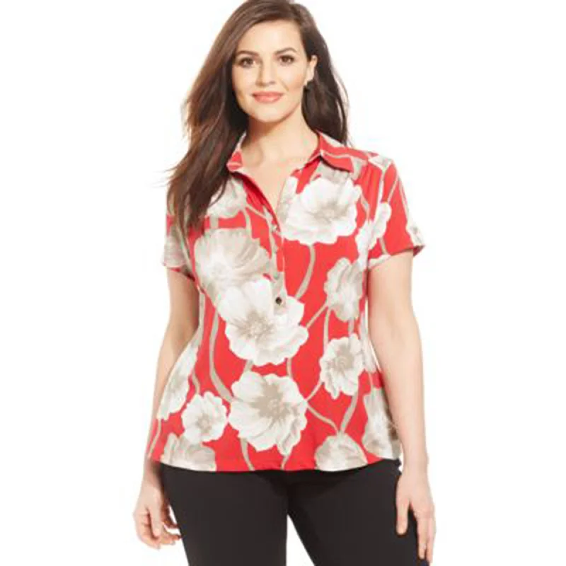 Alfani Red Floral Short Sleeve Button Front Shirt Plus Size Ribbed Striped Patterned