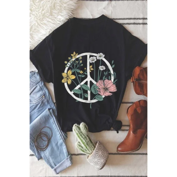 Black Boho Floral Peace Sign Graphic Oversized Womens Tee T-Shirt Front Pockets Side Pockets Patch Pockets