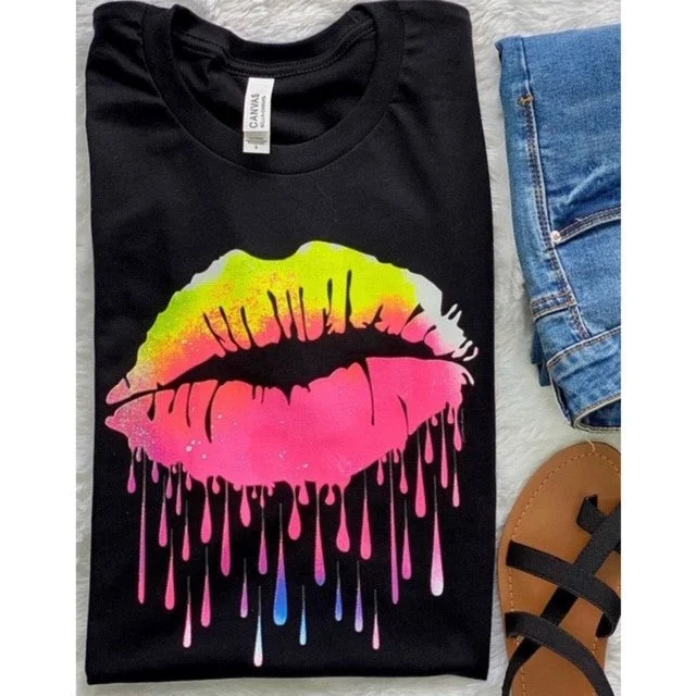 Black Neon Lips Mouth Dripping Graphic Tee T-Shirt Bella Womens Casual Top Terry Blend Velvet Blend Canvas Blend