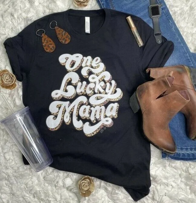 Black One Lucky Mama Leopard Graphic Relaxed Bella Canvas Tee T-Shirt Spandex Blend Rayon Blend Denim Blend