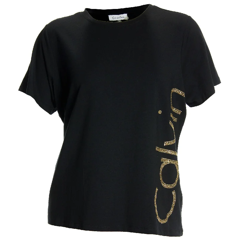 Calvin Klein Black Short Sleeve Studded Logo Tee Shirt Chenille Fabric Brocade Fabric Lace Fabric