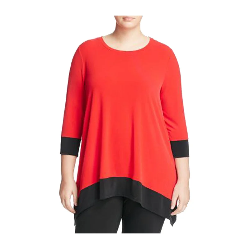 Calvin Klein Red / Black Colorblock 3/4 Sleeve Kerchief Hem Shirt Plus Size Oversized T-Shirt Spandex breathable