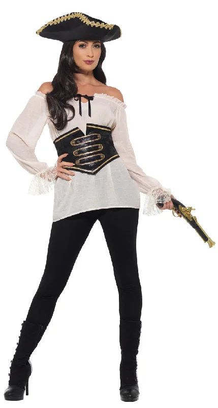 Ladies Deluxe White Pirate Caribbean Shirt Accessory Zippered Front Buttoned Front Snap Front