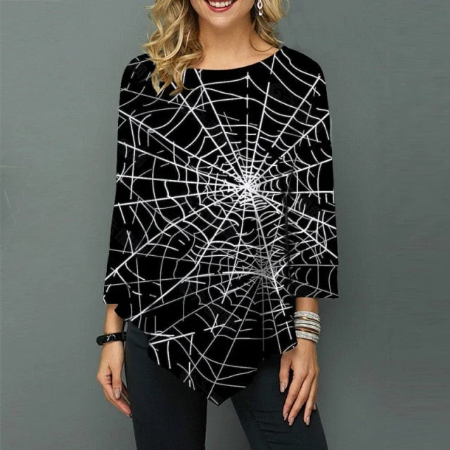 Women's Halloween Round Neck Long Sleeve T-Shirt Zippered Buttoned Snapped