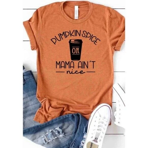 Heather Autumn Pumpkin Spice Mama Coffee Tee T-Shirt Graphic Womens Casual Mesh Canvas Denim