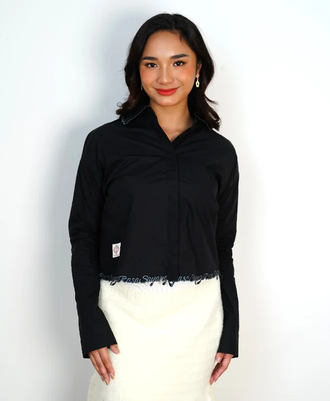 I Feel Love Collar Shirt Top In Black Satin Fabric Silk Fabric Chiffon Fabric