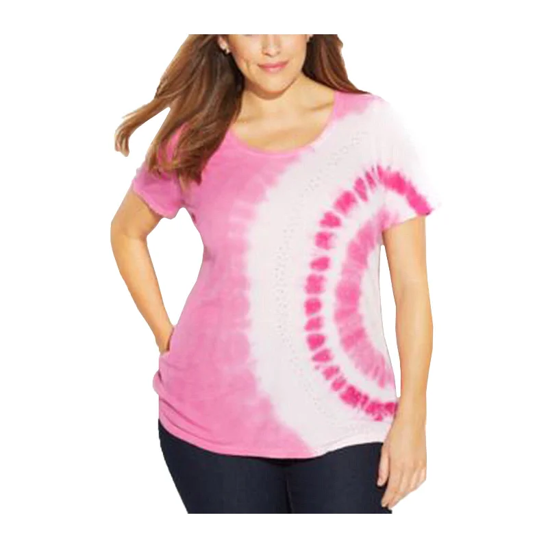 INC Pink Tie Dye Short Sleeve Embellished Tee Shirt Plus Size Welt Pockets Slit Pockets