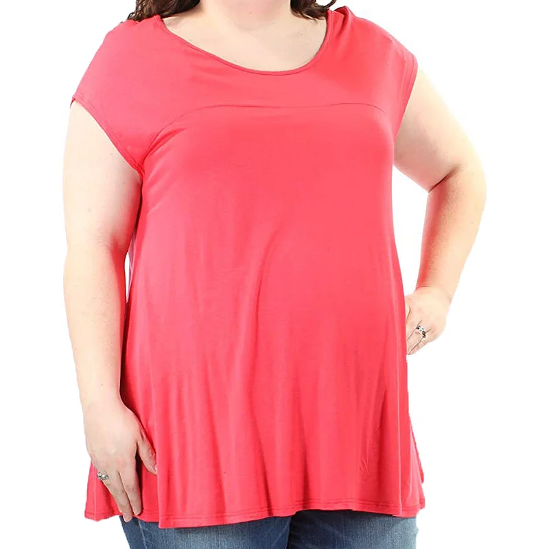 ING Pink Cap Sleeve Seamed Yoke Swing Tee Shirt Plus Size Zippered Front Buttoned Front Snap Front