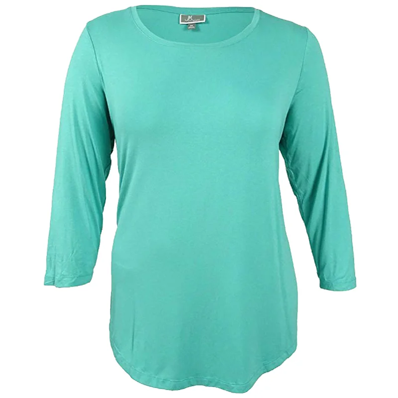 JM Collection Green 3/4 Sleeve Scoop Neck Tee Shirt Plus Size Basic T-Shirt Crew Neck Short Sleeve