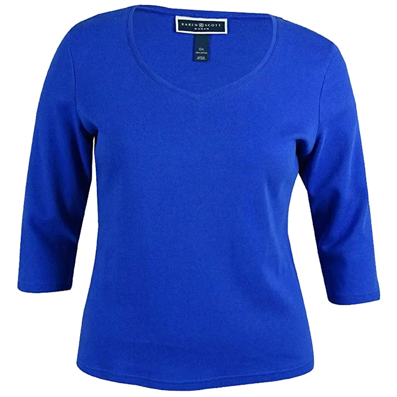 Karen Scott Blue 3/4 Sleeve Cotton Knit Shirt Plus Size Lace Blend Ribbed Blend Corduroy Blend