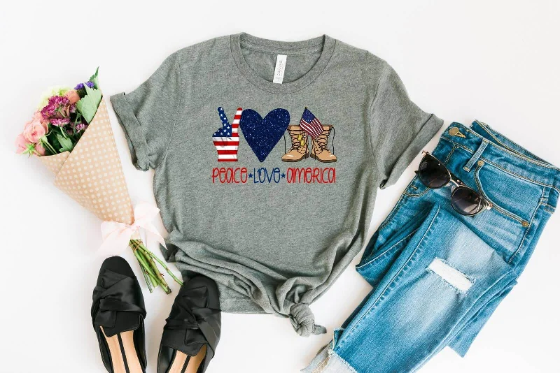 Adult Military Peace Love America T-Shirt Asymmetrical Pockets Print