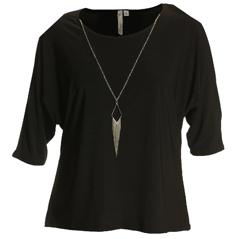 NY Collection Black 3/4 Sleeve Cold Shoulder Necklace Shirt Hooded Caped Shawl Collar