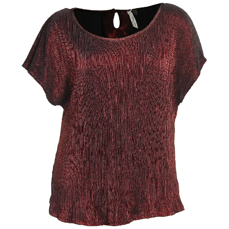 NY Collection Red Metallic Shimmer Short Sleeve Accordion Pleat Shirt Graphic T-Shirt Round Neck Polyester