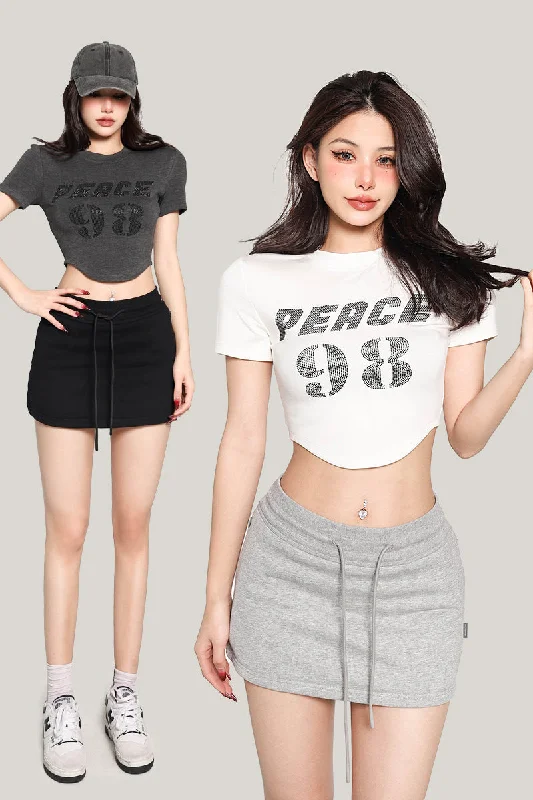 PEACE 42 Letter Print Short Sleeve Cropped T-shirt Top Houndstooth Herringbone Solid