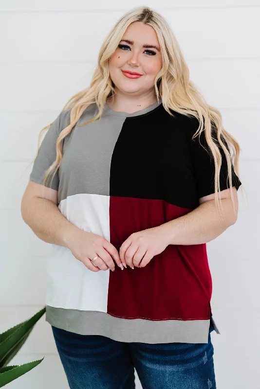 Plus Size Color Block Round Neck T-Shirt Lace Blend Ribbed Blend Corduroy Blend