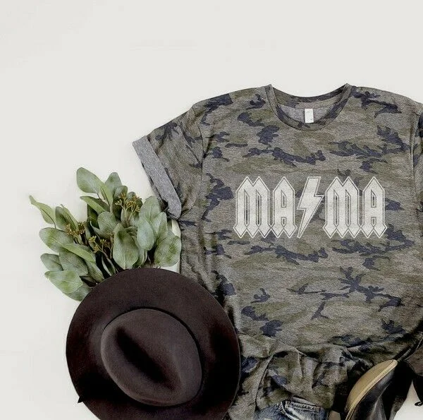 Camouflage MAMA Womens Graphic Oversized Relaxed Casual Tee T-Shirt Notch Collar Peter Pan Collar Cowl Neck