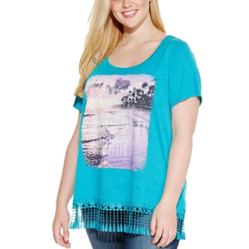 Style & Co Blue Short Sleeve Fringe Trim Graphic Shirt Plus Size Jersey Fabric Tulle Fabric Batik Fabric