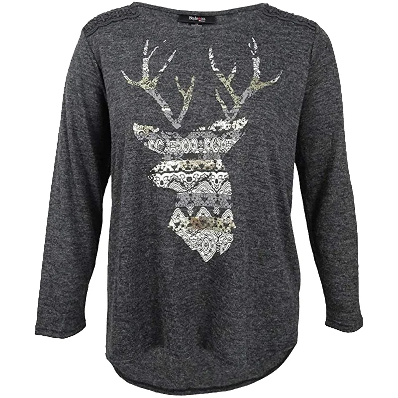 Style & Co Gray Long Sleeve Deer Graphic High-Low Tee Shirt Houndstooth Herringbone Solid