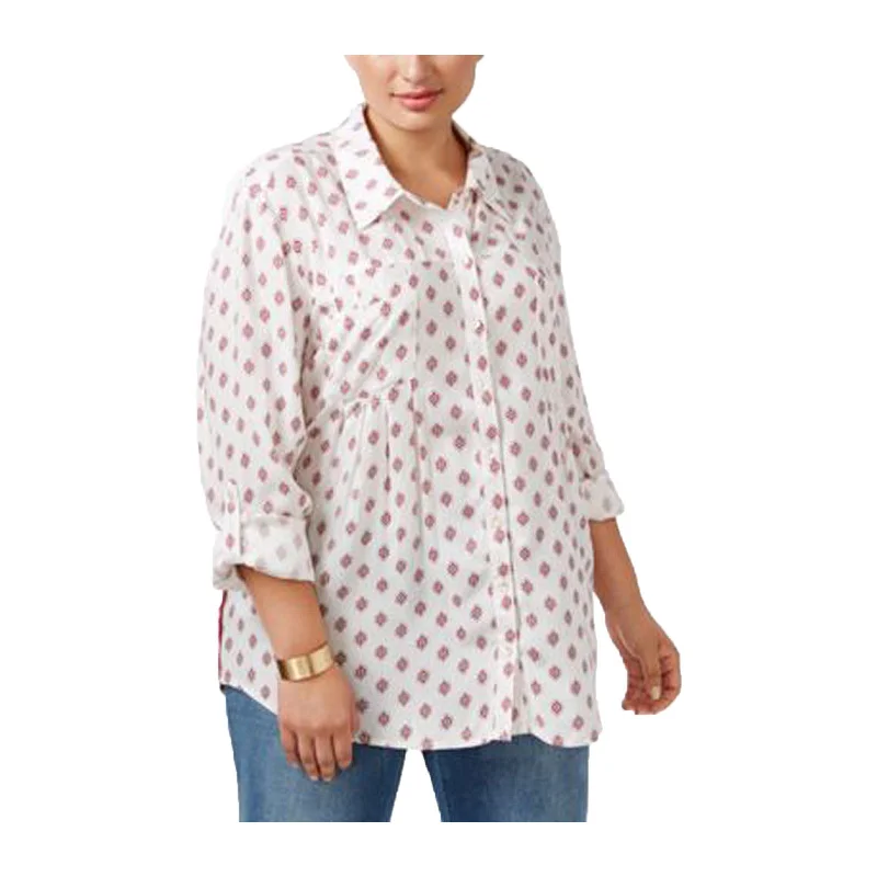 Style & Co Mixed Print Convertible Sleeve Button Down Shirt Plus Size Collared T-Shirt Boat Neck A-Line