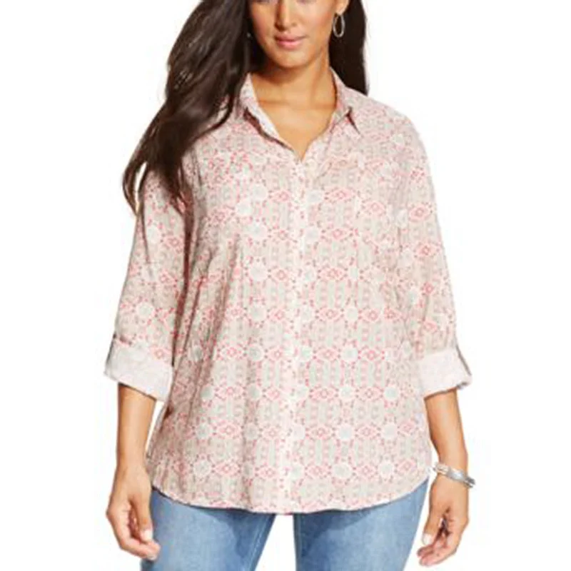 Style & Co Multi Color Dual Print Long Sleeve Button Down Shirt Plus Size Solid Print Embellished