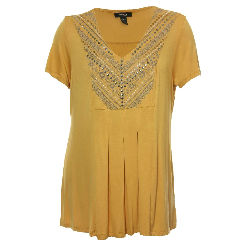 Style & Co Yellow Short Sleeve Embellished Pleat Front Shirt Satin Blend Silk Blend Wool Blend