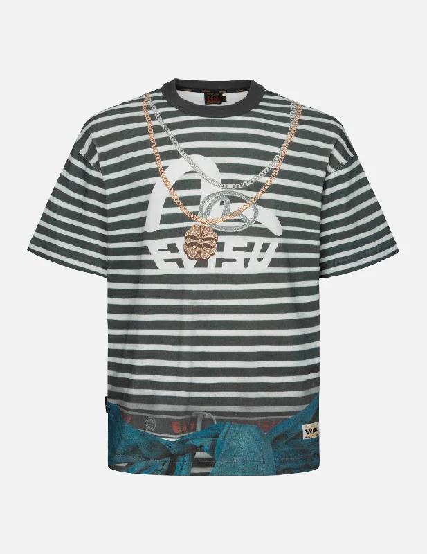 Trompe-l'oeil and Seagull Print Loose Fit Stripe T-Shirt Rayon Velvet Corduroy