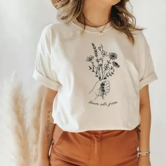 Vintage White Bloom With Grace Bella Canvas Graphic Tee Womens T-Shirt Top Notch Collar Peter Pan Collar Cowl Neck