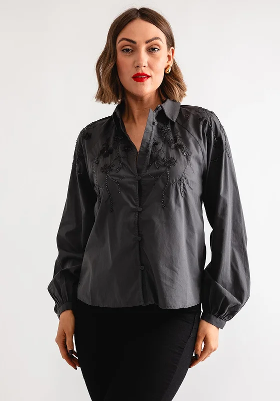 Vero Moda Christine Embroidered Shirt, Asphalt Rayon Fabric Velvet Fabric Corduroy Fabric