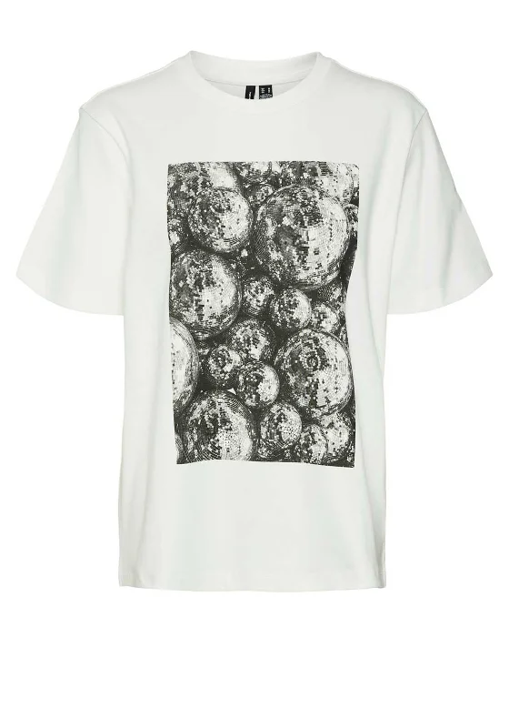 Vero Moda Ebru Dianne Disco Ball Graphic T Shirt, White Zippered Front Buttoned Front Snap Front