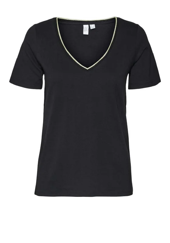 Vero Moda Ranva Metallic V Neck T Shirt, Black Anti-Shrink Durable Soft